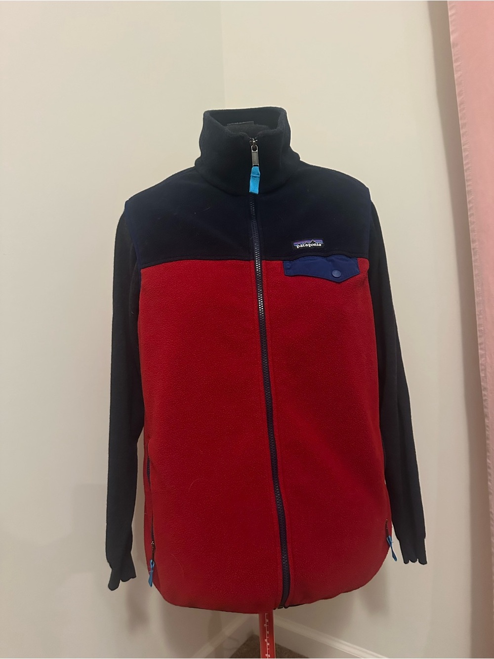 Patagonia Red and Black Full-Zip Fleece Jacket with Blue Trim